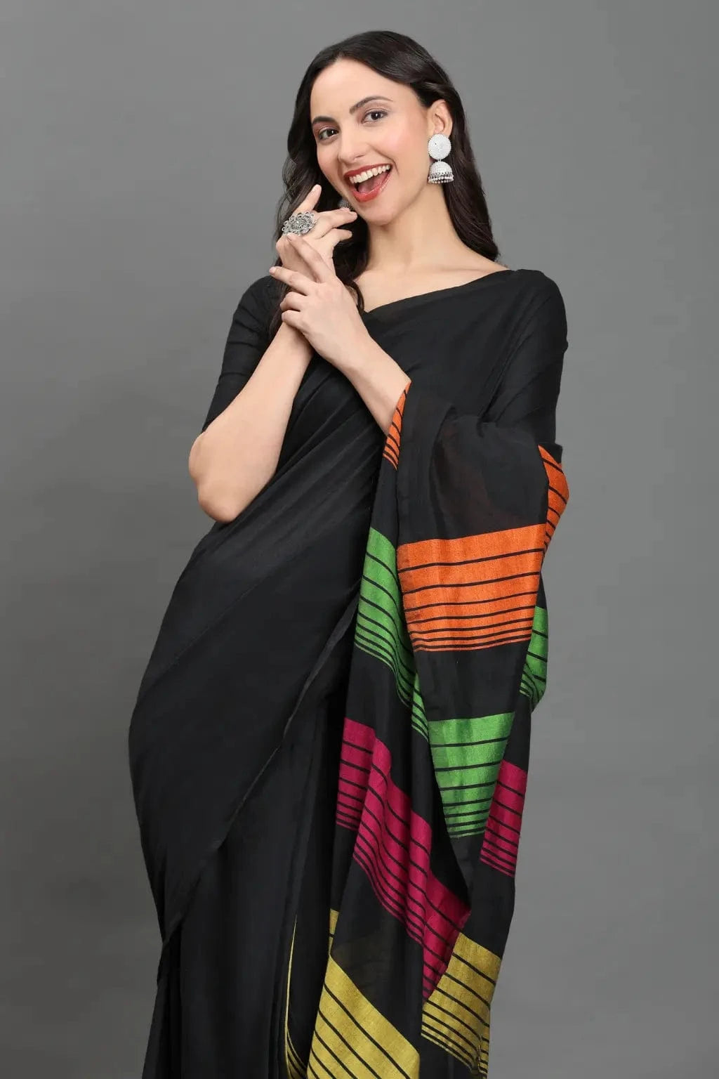 RangRaagini | Pure Cotton | Indidha Saree -  Black Handloom Cotton Saree with Multicolor Pallu | Indidha  Shop this elegant black handloom cotton saree with vibrant multicolor pallu. Soft, breathable, and artisan-made. Perfect for every mood & moment.