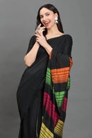 RangRaagini | Pure Cotton | Indidha Saree -  Black Handloom Cotton Saree with Multicolor Pallu | Indidha  Shop this elegant black handloom cotton saree with vibrant multicolor pallu. Soft, breathable, and artisan-made. Perfect for every mood & moment.