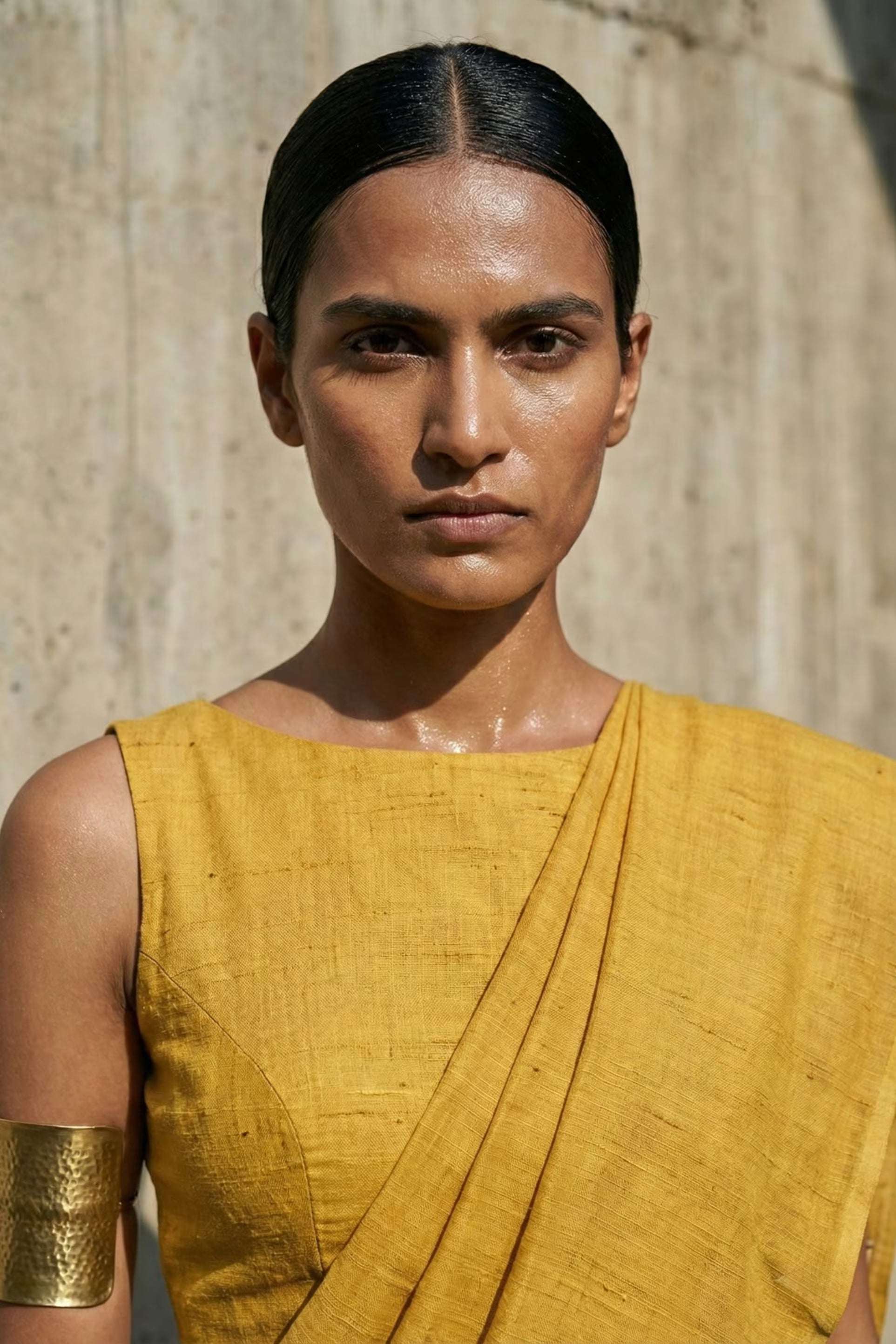 Woman wearing a mustard yellow saree against a textured wall.