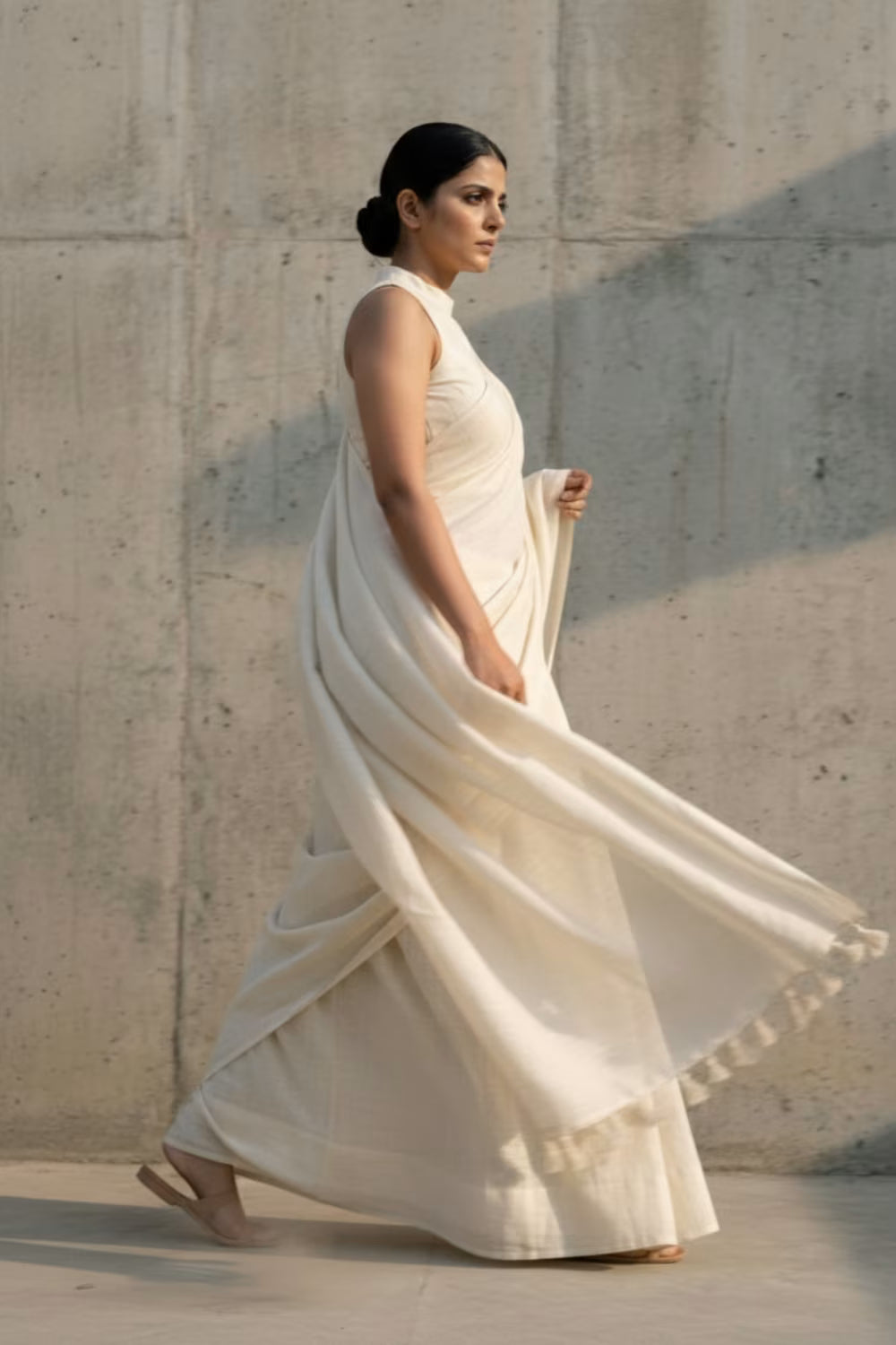 Woman in a flowing white saree against a textured wall.
