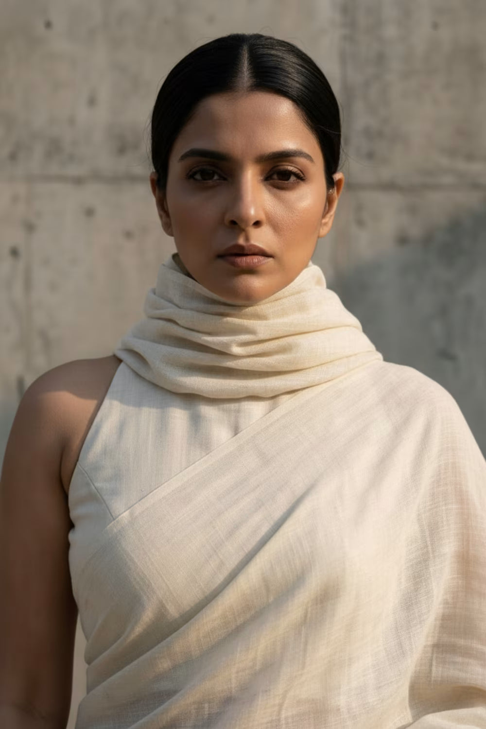 Woman wearing a white/beige saree against a concrete wall