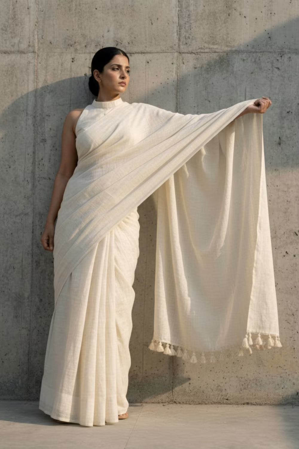 Woman wearing a white saree against a concrete wall