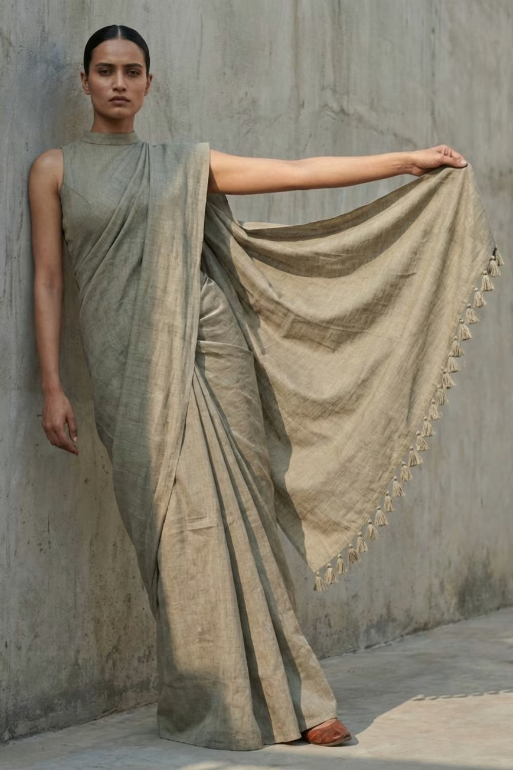 Woman wearing a beige saree with a textured texture against a gray wall.