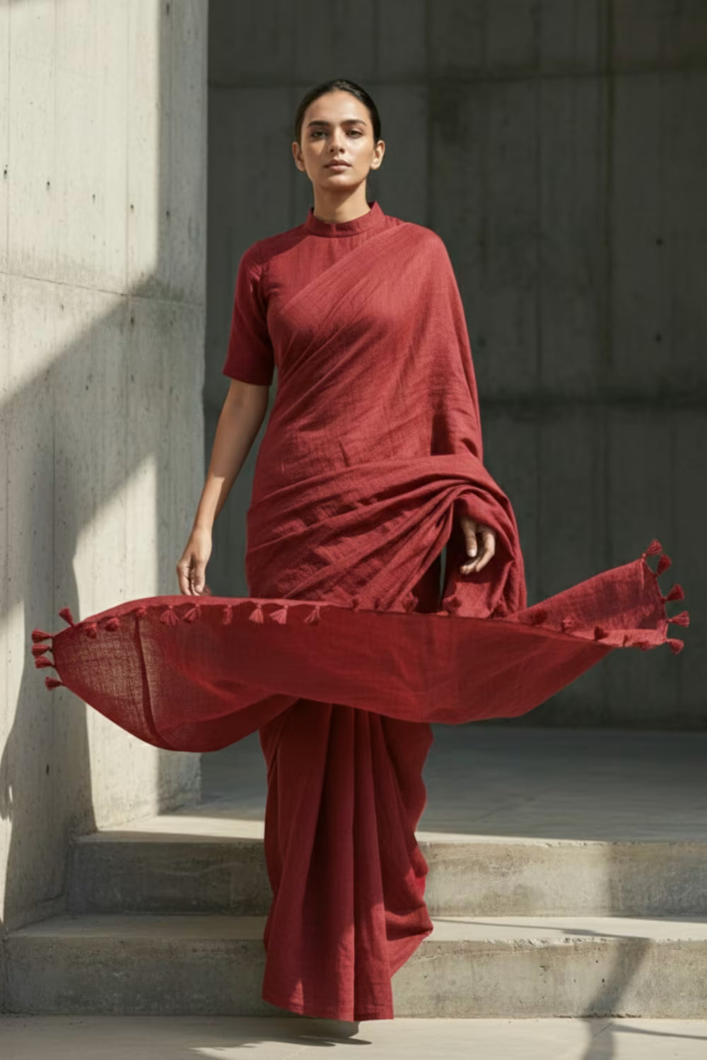 Woman in a red saree standing against a concrete wall.