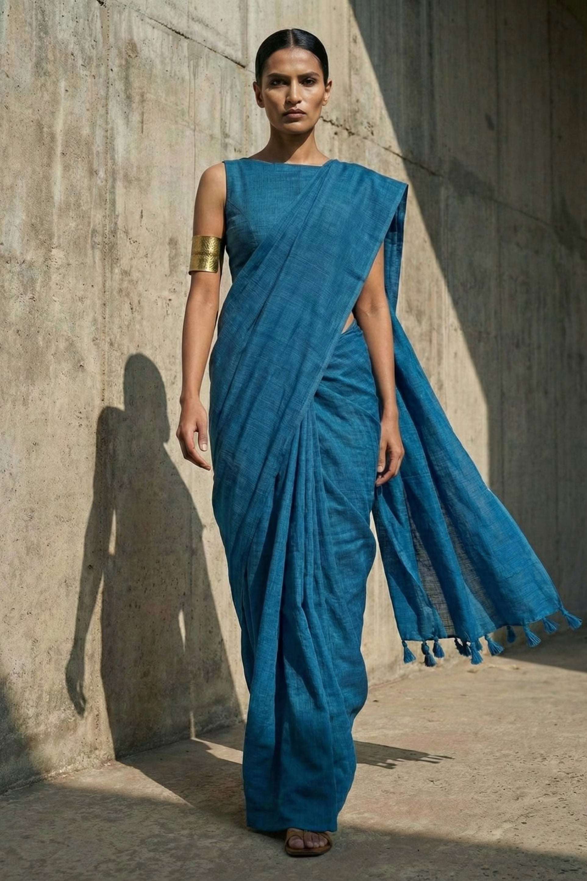 A woman wearing a blue saree walking in front of a concrete wall.