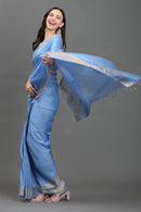 SITARA SA | Kota Linen | Indidha Saree -  Pure Kota Linen Saree | Running Blouse | Indidha  Handwoven blue Kota Linen saree with delicate silver accents. Includes unstitched blouse. Ideal for casual events. Shop today!