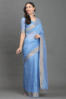 SITARA SA | Kota Linen | Indidha Saree -  Pure Kota Linen Saree | Running Blouse | Indidha  Handwoven blue Kota Linen saree with delicate silver accents. Includes unstitched blouse. Ideal for casual events. Shop today!