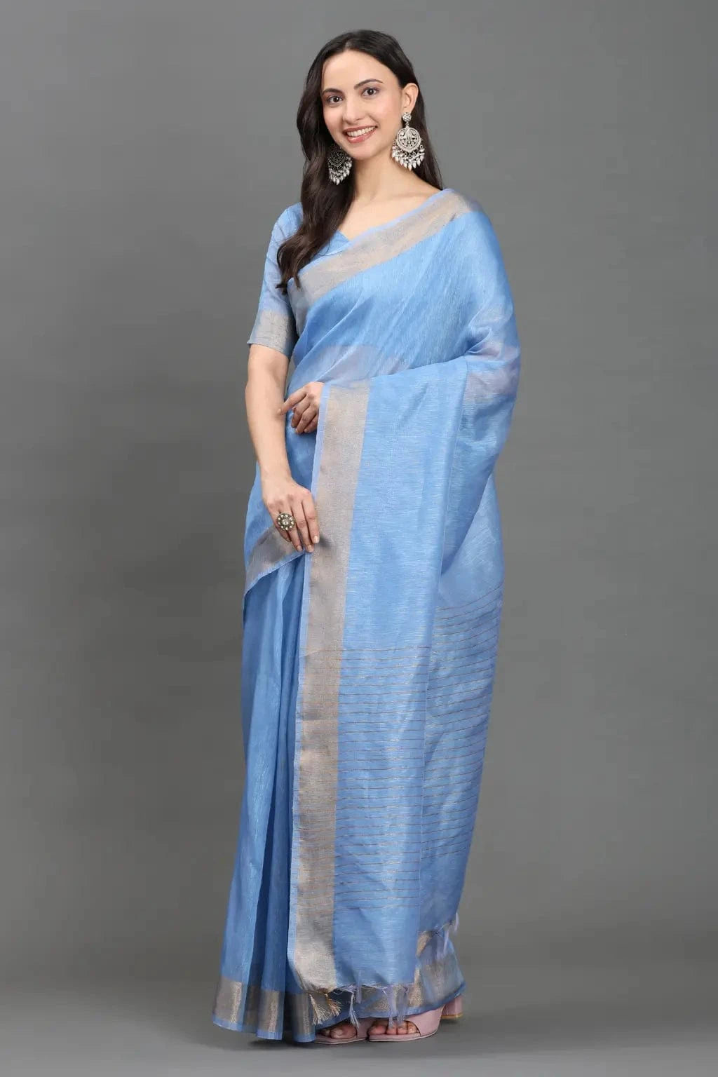 SITARA SA | Kota Linen | Indidha Saree -  Pure Kota Linen Saree | Running Blouse | Indidha  Handwoven blue Kota Linen saree with delicate silver accents. Includes unstitched blouse. Ideal for casual events. Shop today!