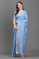 SITARA SA | Kota Linen | Indidha Saree -  Pure Kota Linen Saree | Running Blouse | Indidha  Handwoven blue Kota Linen saree with delicate silver accents. Includes unstitched blouse. Ideal for casual events. Shop today!