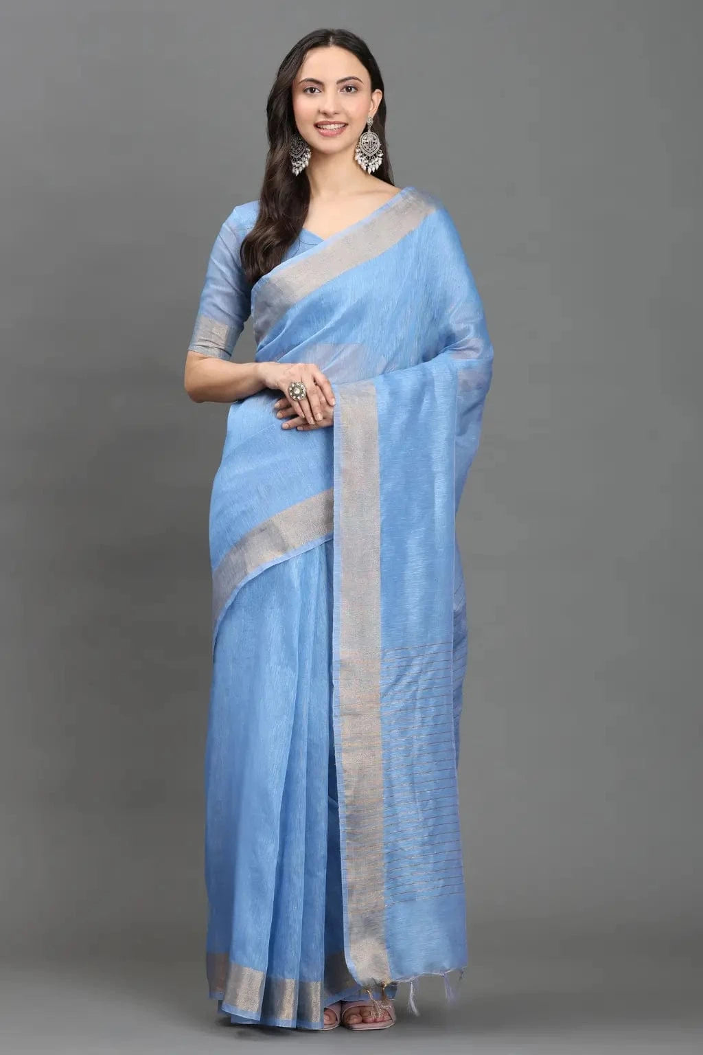 SITARA SA | Kota Linen | Indidha Saree -  Pure Kota Linen Saree | Running Blouse | Indidha  Handwoven blue Kota Linen saree with delicate silver accents. Includes unstitched blouse. Ideal for casual events. Shop today!
