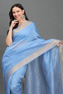 SITARA SA | Kota Linen | Indidha Saree -  Pure Kota Linen Saree | Running Blouse | Indidha  Handwoven blue Kota Linen saree with delicate silver accents. Includes unstitched blouse. Ideal for casual events. Shop today!