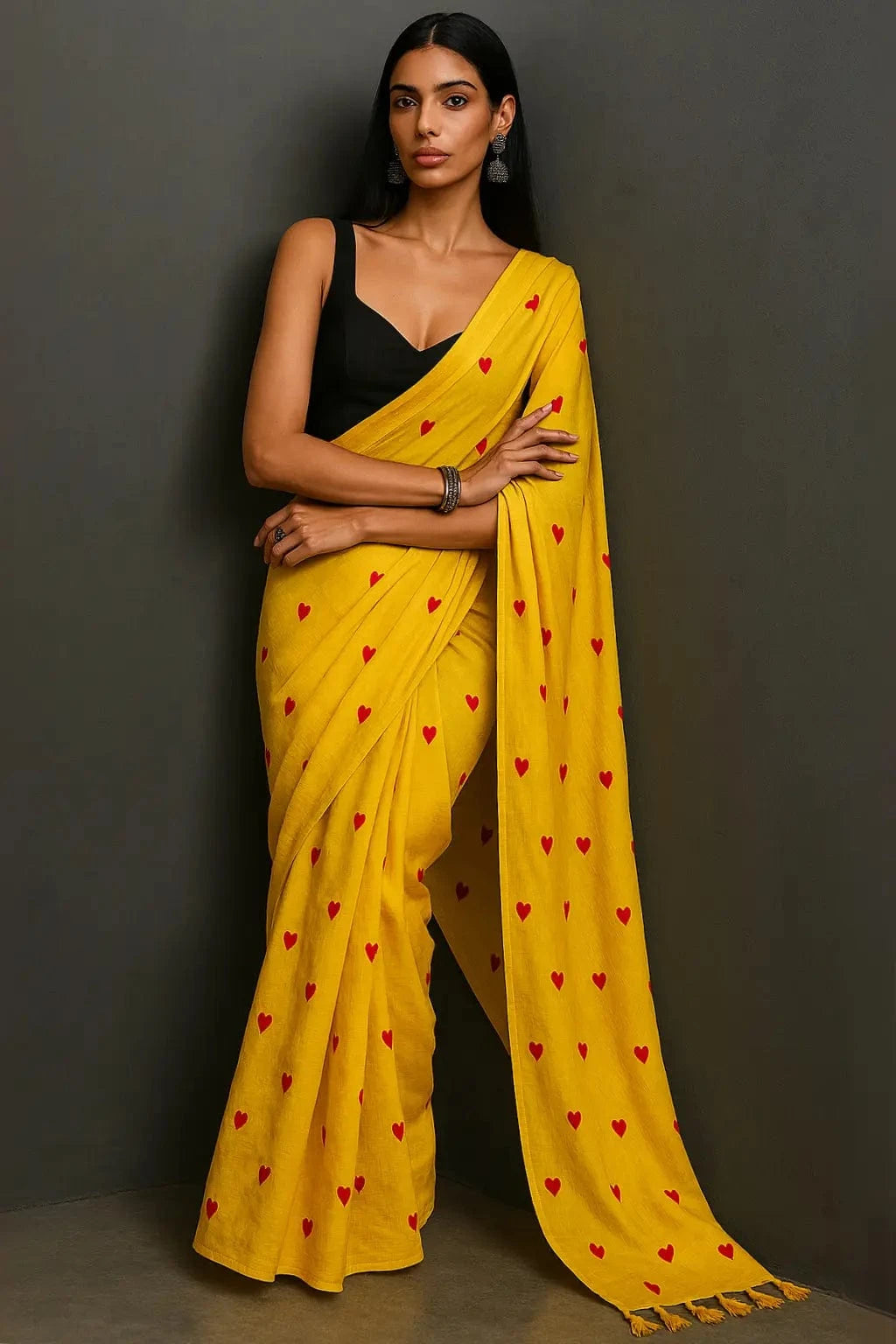 Sunshine Dil Se | Mul Cotton | Indidha Saree -  Yellow Mul Cotton Saree with Red Hearts | Handloom Love | Indidha  Shop a sunshine yellow handloom mul cotton saree adorned with red hearts. Lightweight, breathable & bold—perfect for women who wear their hearts out loud.

