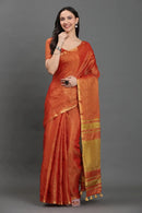 TANGERINE ZARI | Linen Tissue | Indidha Saree -  Handloom Linen Tissue Saree in Rust Gold | Indidha Saree  Drape yourself in a handloom linen tissue saree in copper-rust with golden zari. Lightweight, elegant & woven for timeless festive grace.