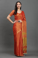 TANGERINE ZARI | Linen Tissue | Indidha Saree -  Handloom Linen Tissue Saree in Rust Gold | Indidha Saree  Drape yourself in a handloom linen tissue saree in copper-rust with golden zari. Lightweight, elegant & woven for timeless festive grace.