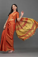 TANGERINE ZARI | Linen Tissue | Indidha Saree -  Handloom Linen Tissue Saree in Rust Gold | Indidha Saree  Drape yourself in a handloom linen tissue saree in copper-rust with golden zari. Lightweight, elegant & woven for timeless festive grace.