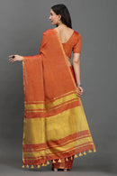 TANGERINE ZARI | Linen Tissue | Indidha Saree -  Handloom Linen Tissue Saree in Rust Gold | Indidha Saree  Drape yourself in a handloom linen tissue saree in copper-rust with golden zari. Lightweight, elegant & woven for timeless festive grace.