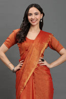 TANGERINE ZARI | Linen Tissue | Indidha Saree -  Handloom Linen Tissue Saree in Rust Gold | Indidha Saree  Drape yourself in a handloom linen tissue saree in copper-rust with golden zari. Lightweight, elegant & woven for timeless festive grace.