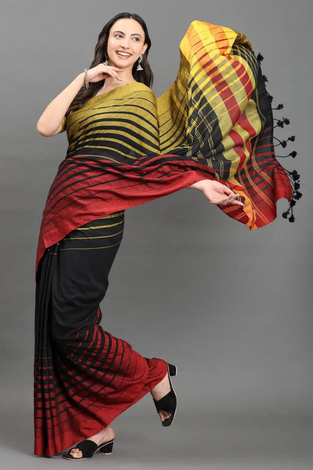 TEZ TARAANA | Pure Cotton | Indidha Saree -  Handloom Pure Cotton Saree in Mustard, Red & Black | Indidha  Shop this stunning handloom pure cotton saree in golden mustard, red & black. Lightweight, breathable & artisan-crafted. Perfect for festive, formal & everyday grace.