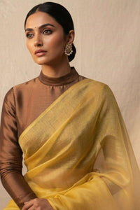 Woman wearing a yellow saree with a brown blouse against a beige background