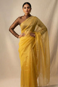Woman wearing a yellow saree with a plain background