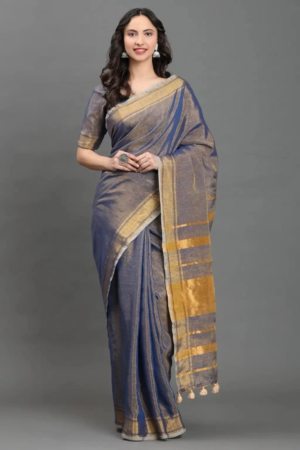 Twilight Glimmer | Linen Tissue | Indidha Saree -  Twilight Glimmer - Handloom Linen Tissue Saree Online  Shop Twilight Glimmer, a dusky handloom linen tissue saree with golden zari shine. Lightweight, festive-ready, and weaver-crafted for timeless elegance.