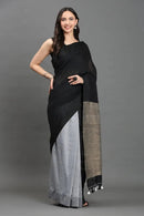 WOVEN TIDES | Pure Cotton | Indidha Saree -  Feel the Soft Pure Cotton Saree | Indidha   Shop our elegant pure cotton saree in black & grey. Feel the soft, breathable fabric with tassel details. Style your modern ethnic look now!