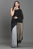 WOVEN TIDES | Pure Cotton | Indidha Saree -  Feel the Soft Pure Cotton Saree | Indidha   Shop our elegant pure cotton saree in black & grey. Feel the soft, breathable fabric with tassel details. Style your modern ethnic look now!