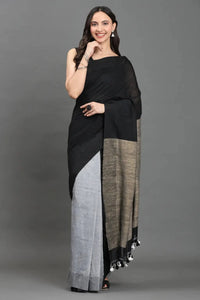 WOVEN TIDES | Pure Cotton | Indidha Saree -  Feel the Soft Pure Cotton Saree | Indidha   Shop our elegant pure cotton saree in black & grey. Feel the soft, breathable fabric with tassel details. Style your modern ethnic look now!