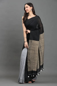 WOVEN TIDES | Pure Cotton | Indidha Saree -  Feel the Soft Pure Cotton Saree | Indidha   Shop our elegant pure cotton saree in black & grey. Feel the soft, breathable fabric with tassel details. Style your modern ethnic look now!