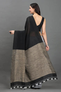 WOVEN TIDES | Pure Cotton | Indidha Saree -  Feel the Soft Pure Cotton Saree | Indidha   Shop our elegant pure cotton saree in black & grey. Feel the soft, breathable fabric with tassel details. Style your modern ethnic look now!