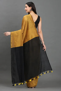 Zafran Noir | Cotton | Indidha Saree -  Mustard Handloom Cotton Saree with Black Pallu | Indidha  Elevate your everyday style with this mustard handloom cotton saree. Bold black pallu, featherlight feel—perfect for work and beyond. Shop now at Indidha!