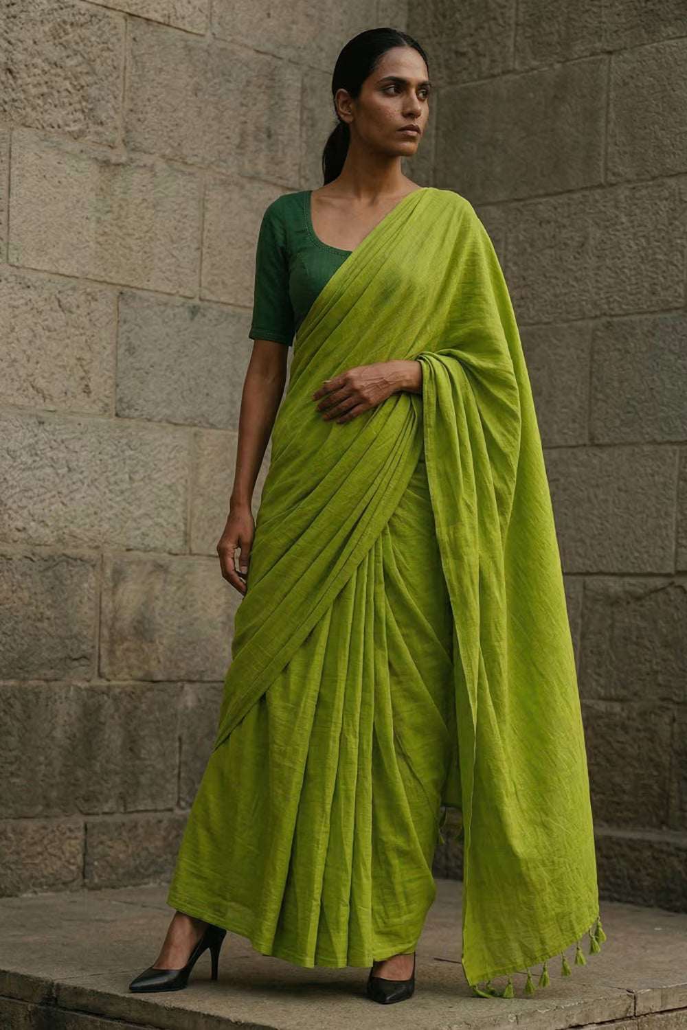 Lime Ember | Mul Cotton Saree | Indidha Saree