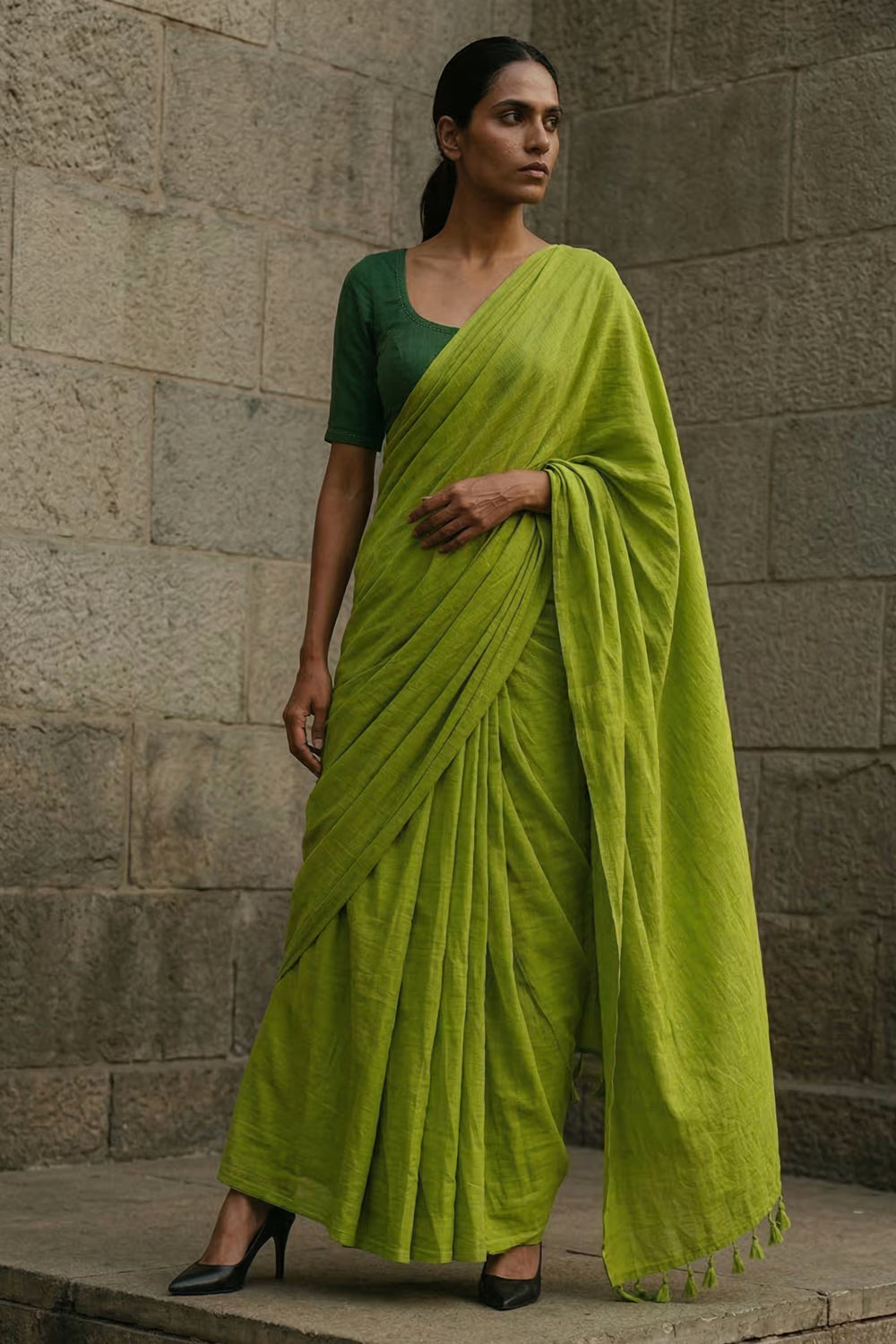 Lime Ember | Mul Cotton Saree | Indidha Saree