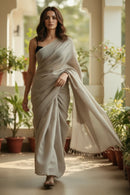 Tactile fine slub cotton saree in warm beige, season-less and airy by Indidha
