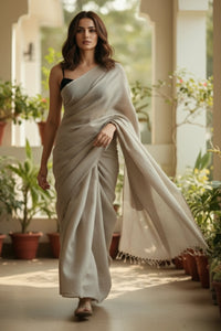 Tactile fine slub cotton saree in warm beige, season-less and airy by Indidha