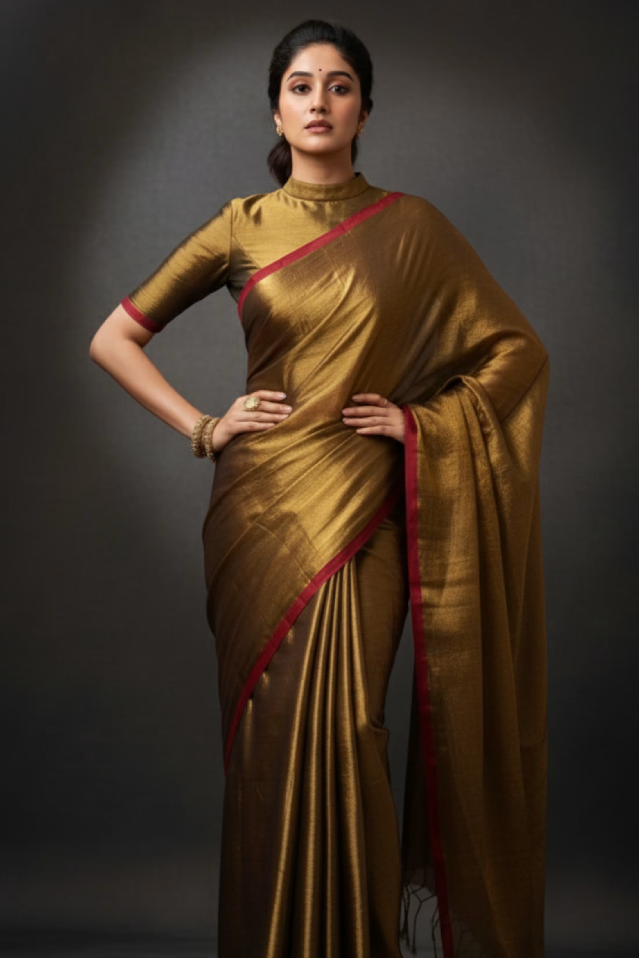 Woman wearing a gold saree with red border against a dark background