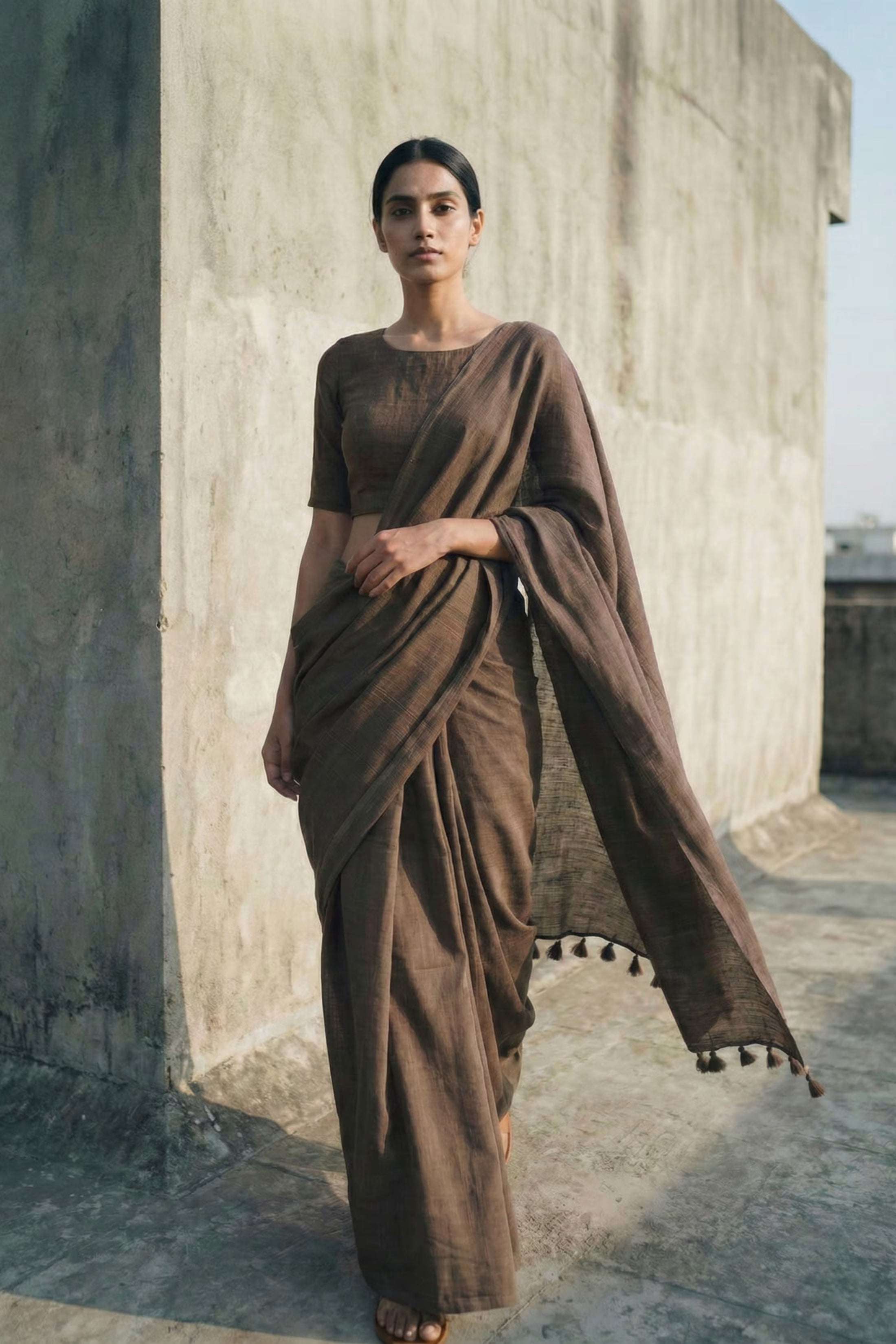 Earth-toned slub cotton saree styled for casual and festive wear