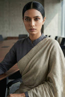 Breathable slub cotton taupe greige saree with hand-knotted tassel pallu for modern style