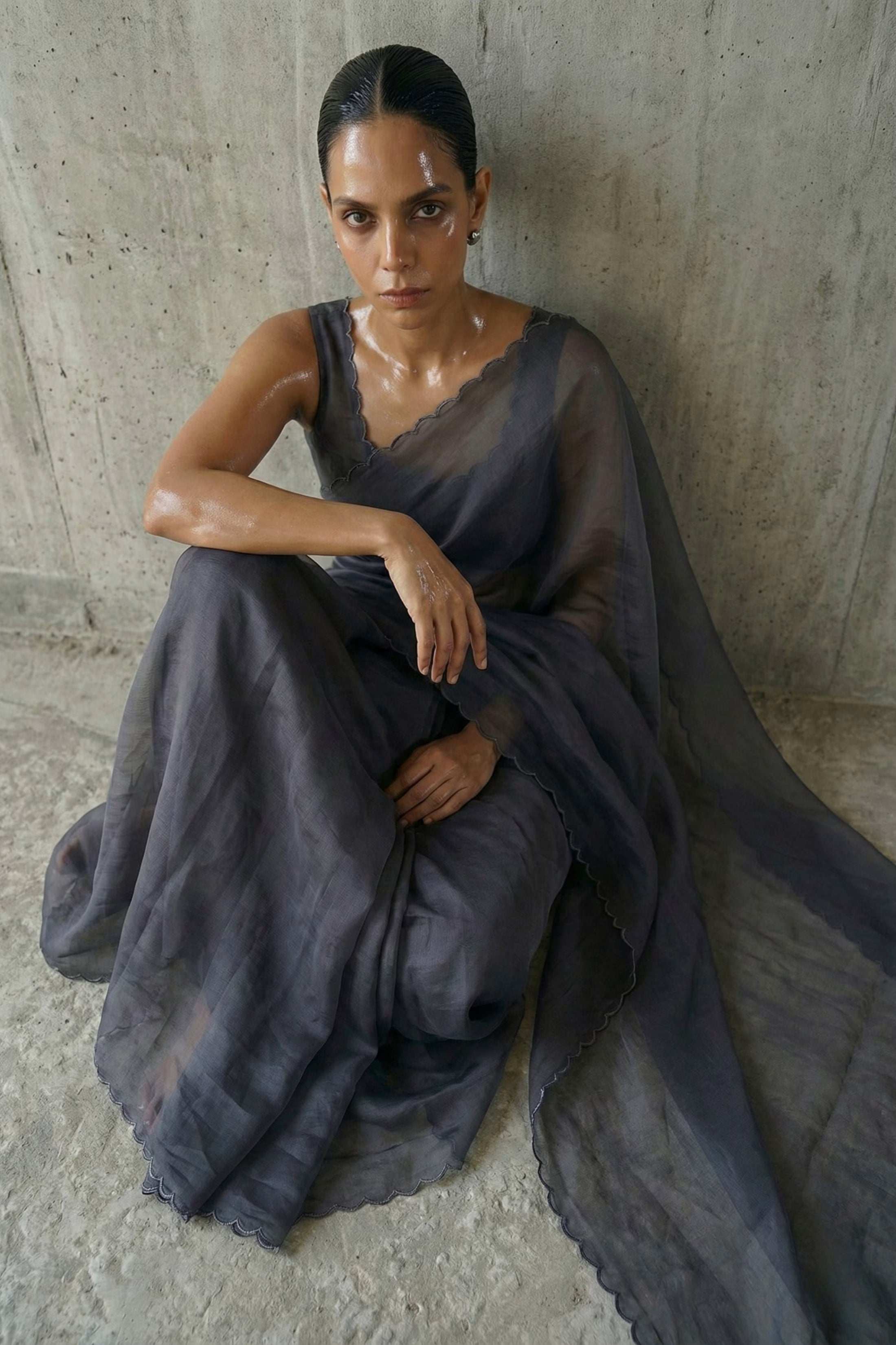 Refined grey organza saree with delicate drape by Indidha
