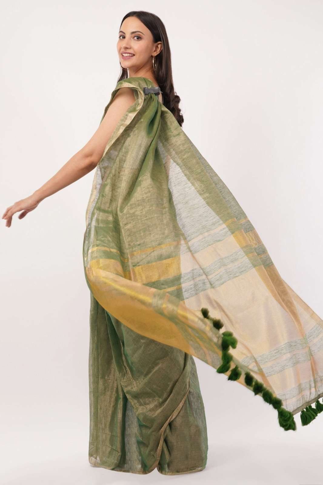 GLIDED GREEN | Linen Tissue | Indidha Saree