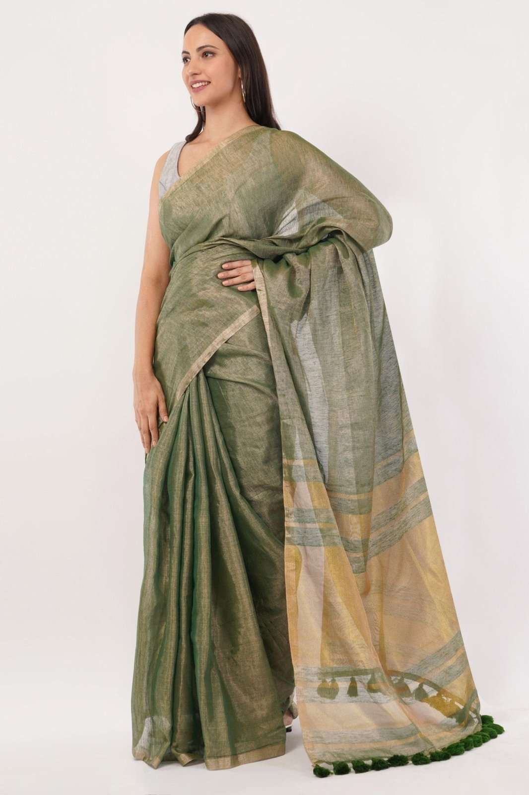 GLIDED GREEN | Linen Tissue | Indidha Saree