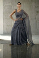 Elegant grey organza saree styled for festive and evening wear