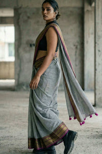 Textured 100% premium mul cotton saree in steel grey with bold border accents