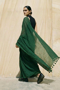 Hushed Pine green mul cotton saree with soft drape by Indidha