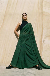 Hushed Pine mul cotton saree by Indidha in rich green tone