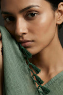 Textured slub cotton fabric in elegant green saree