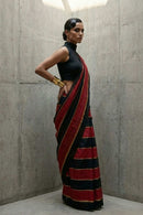 Breathable ultra-fine mul cotton saree with hand-knotted crimson and charcoal tassels