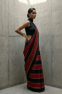 Breathable ultra-fine mul cotton saree with hand-knotted crimson and charcoal tassels