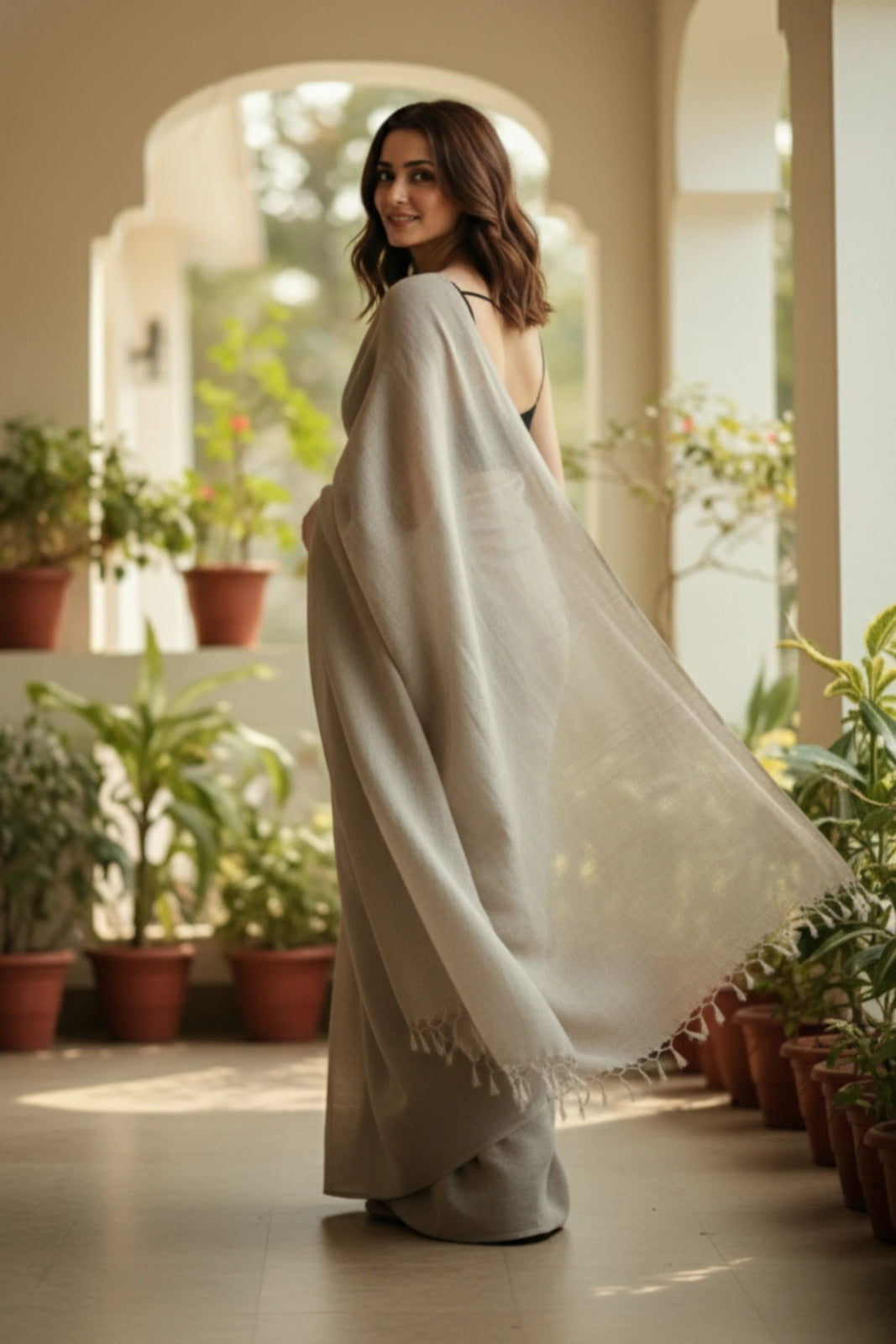 Elegant warm beige cotton saree with subtle natural slubs for everyday wear