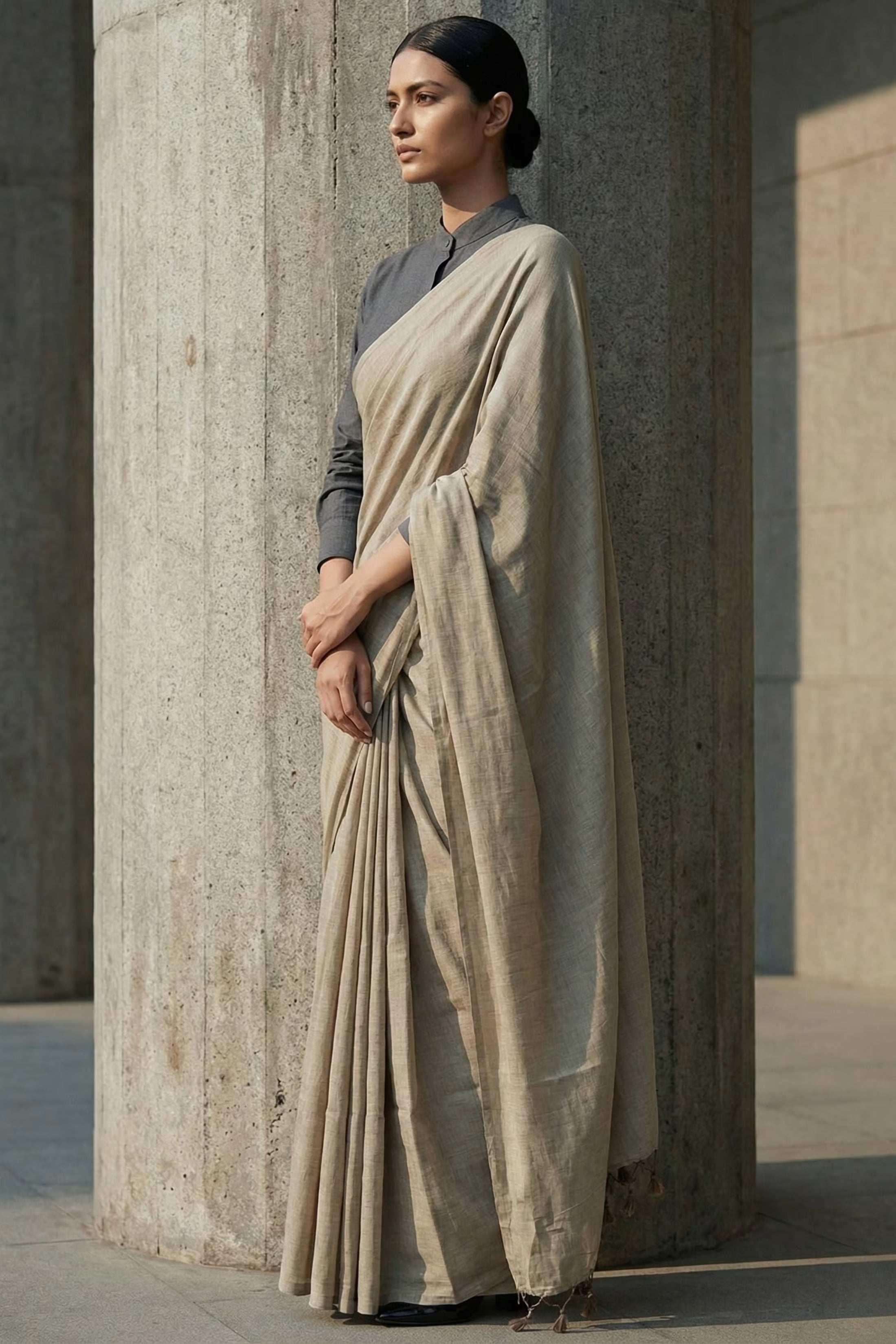 Textured earthy taupe greige slub cotton saree perfect for casual and festive occasions